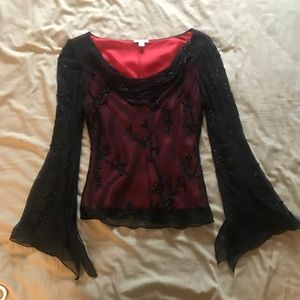 red and black sheer beaded blouse